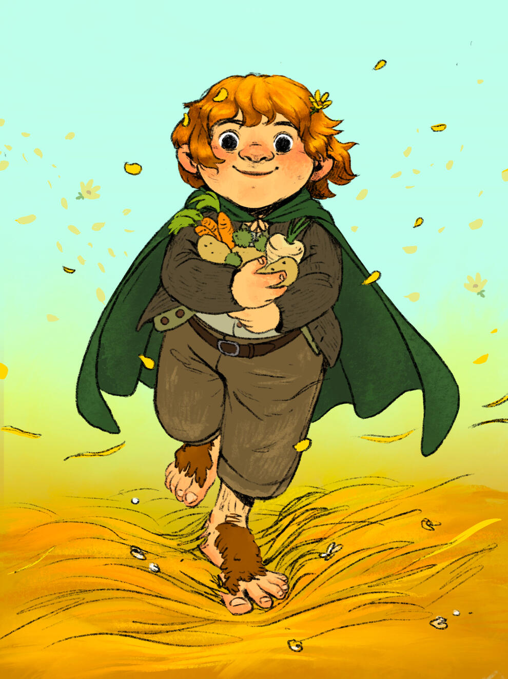 Sam of the Lord of the Rings happily running towards you with his hands full of vegetables.