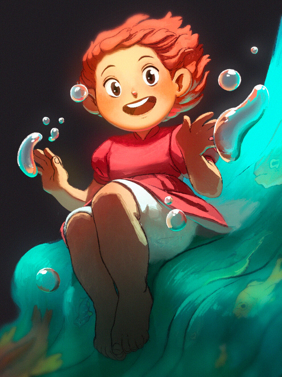Ponyo sitting on a wave, playing with the water.