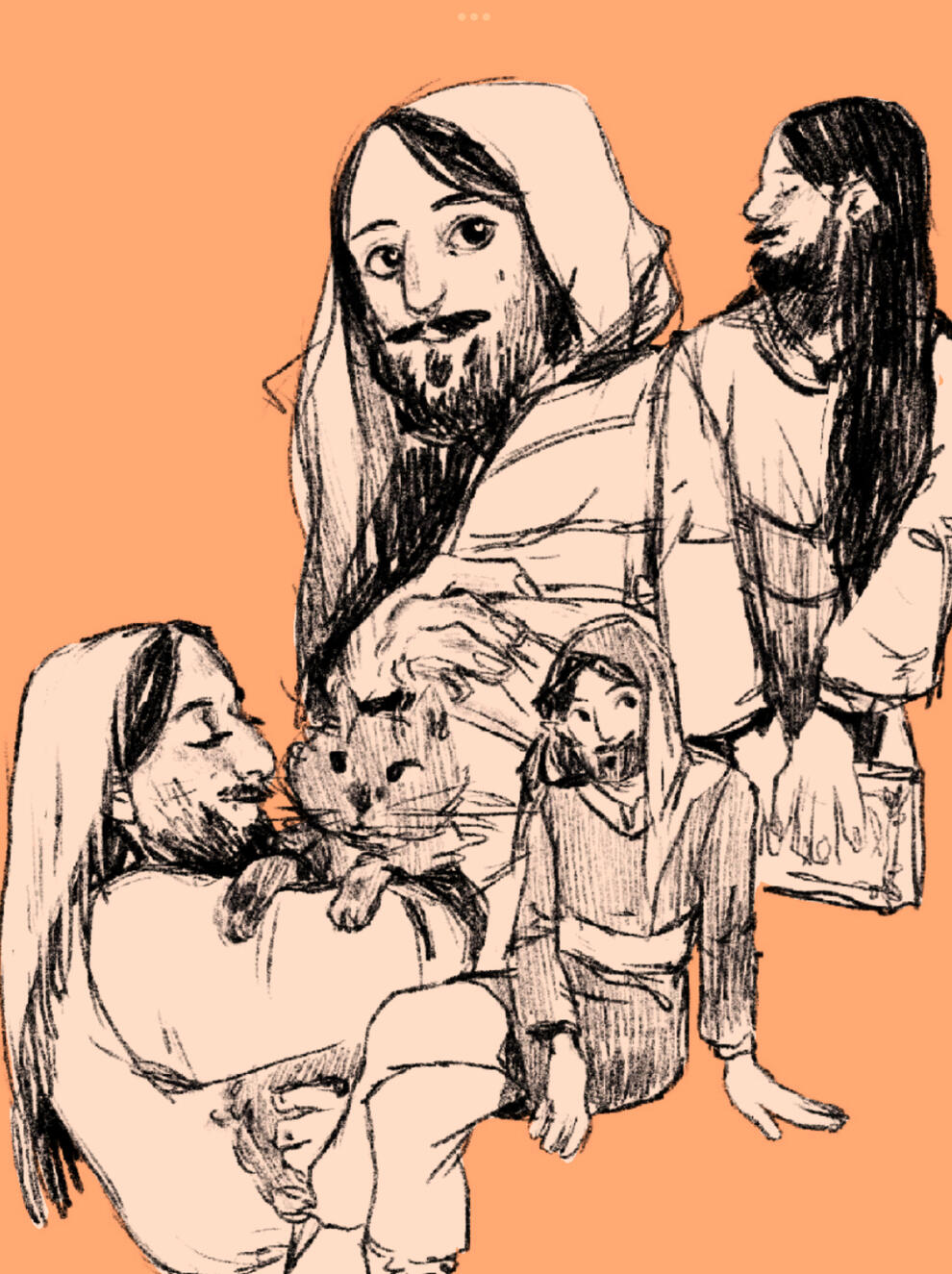 A sketch page. It’s Lubb, an al-andalus man, posing and holding a cat.